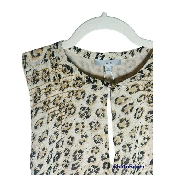 Joie Leopard Print 100% Silk Smocked Corie Keyhole A-line Blouse NEW W/TAG $228 - Picture 7 of 11